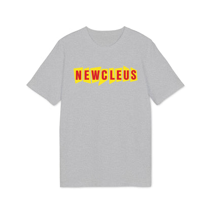 A light grey t-shirt featuring the red text Newcleus on yellow jagged shapes.