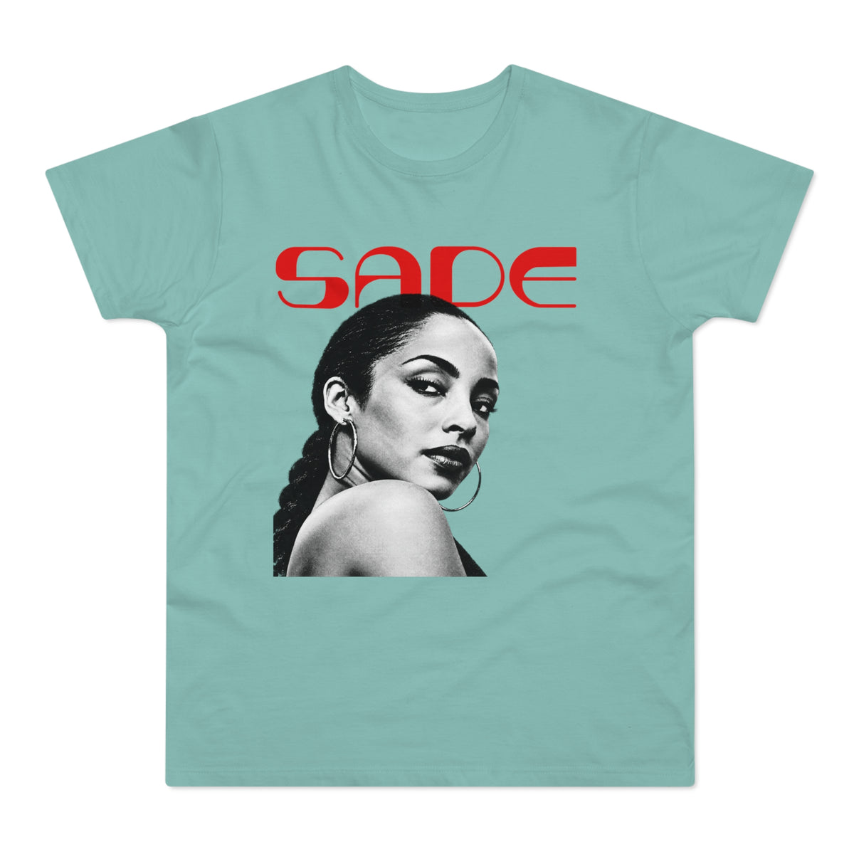 T-shirt featuring red "SADE" text above a black and white portrait of Sade.