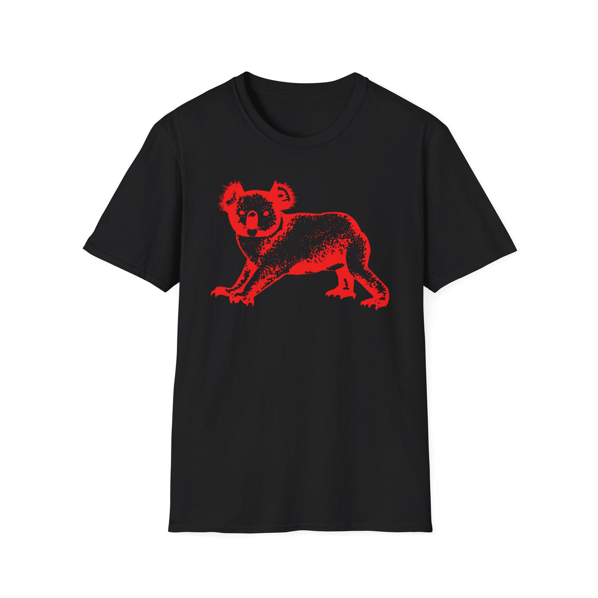 Black t-shirt with a red textured koala graphic.