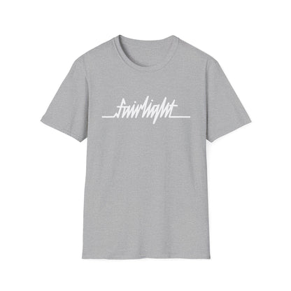 Grey t-shirt with a white "fairlight" logo with a heartbeat line across the chest.