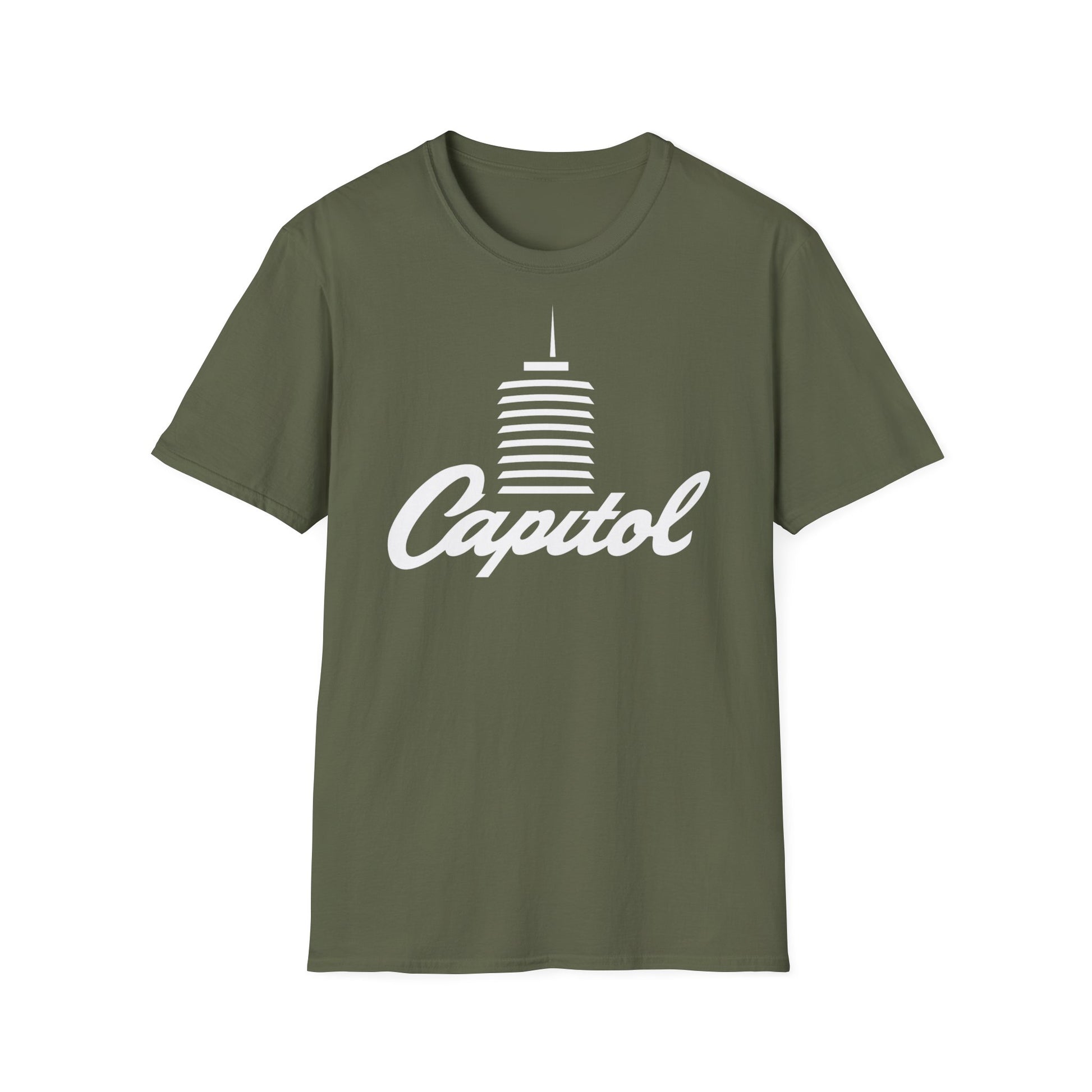 Olive green t-shirt with white "Capitol" text and building graphic.
