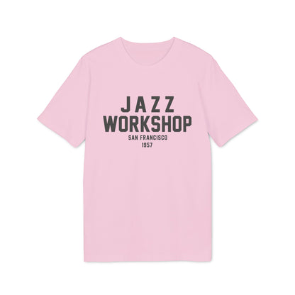 Pink t-shirt with "JAZZ WORKSHOP SAN FRANCISCO 1957" graphic.