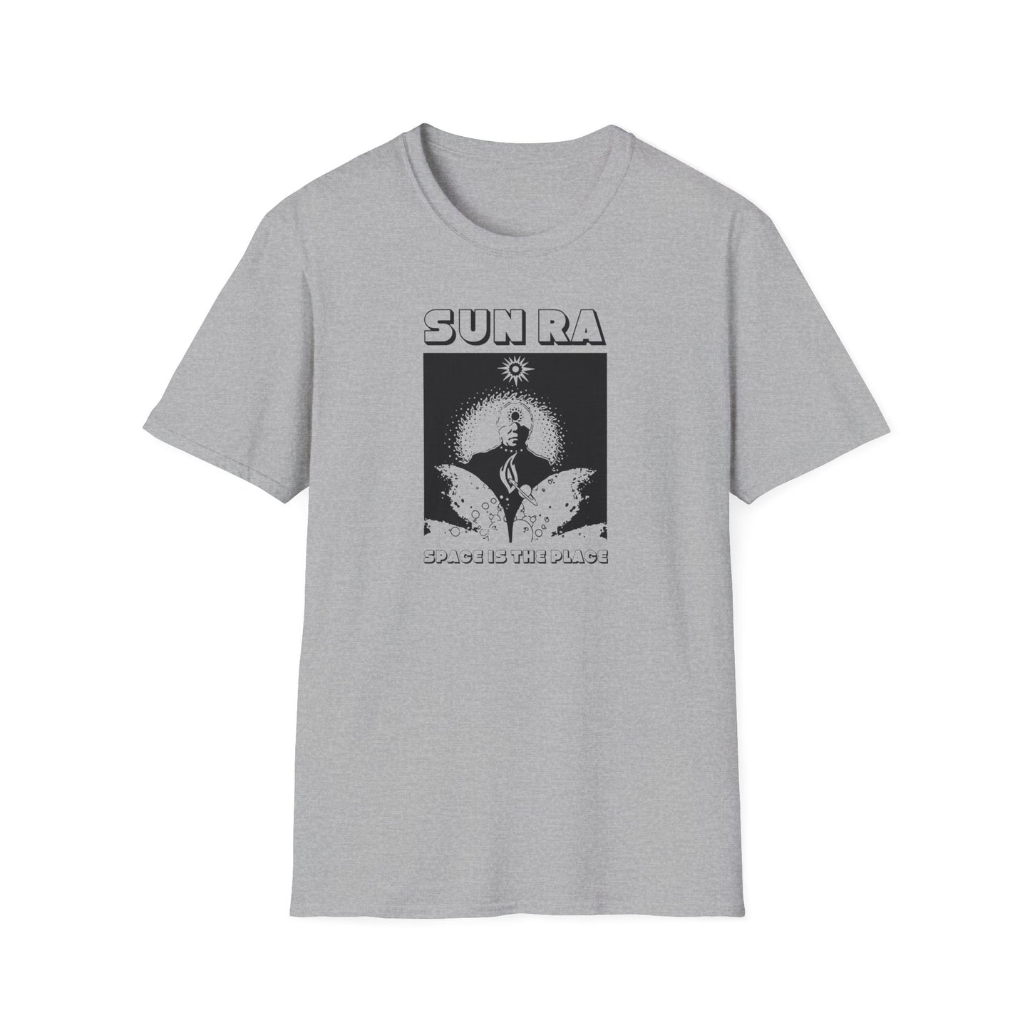 Sun Ra "Space Is The Place" graphic tee on a grey t-shirt.