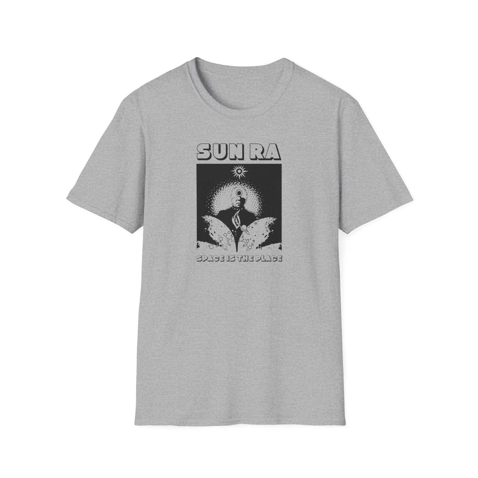 Sun Ra "Space Is The Place" graphic tee on a grey t-shirt.