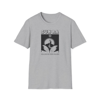 Sun Ra "Space Is The Place" graphic tee on a grey t-shirt.