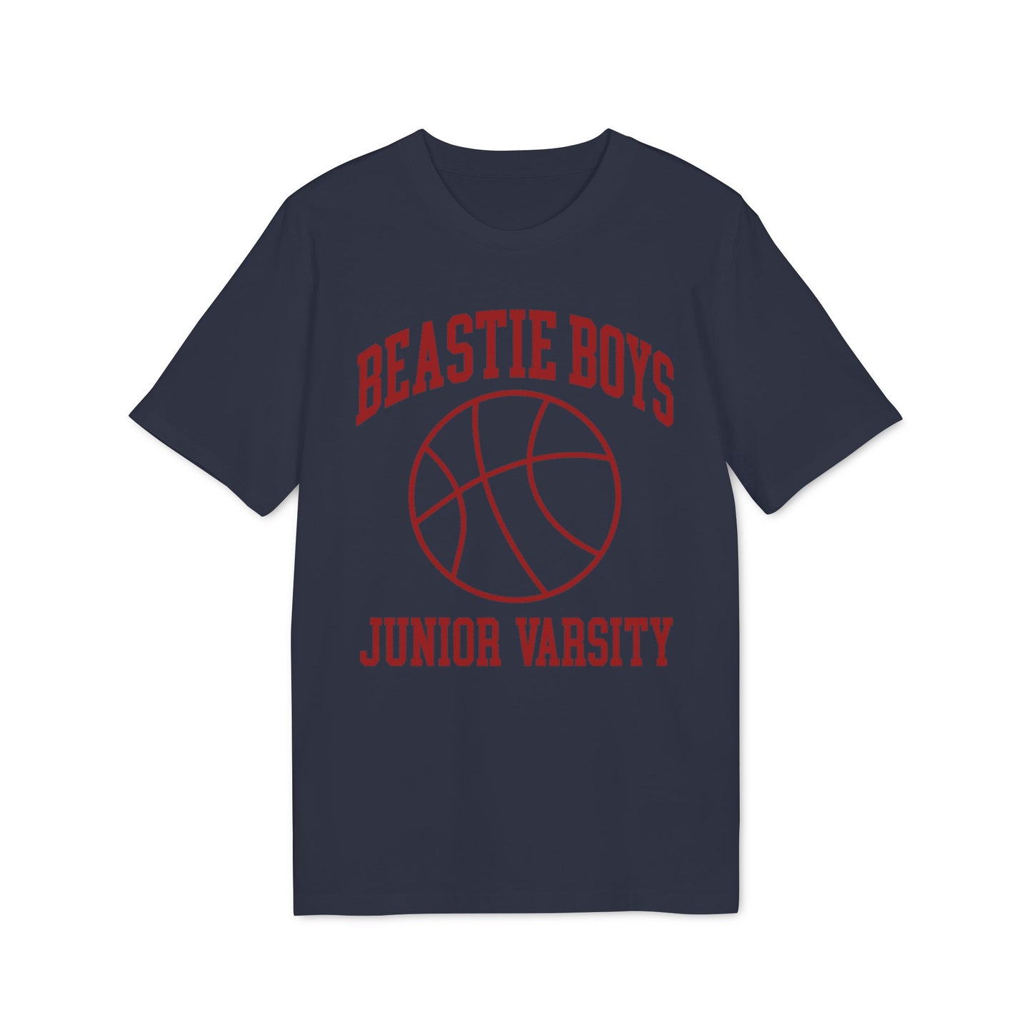 Navy t-shirt with red "Beastie Boys Junior Varsity" text and basketball graphic.