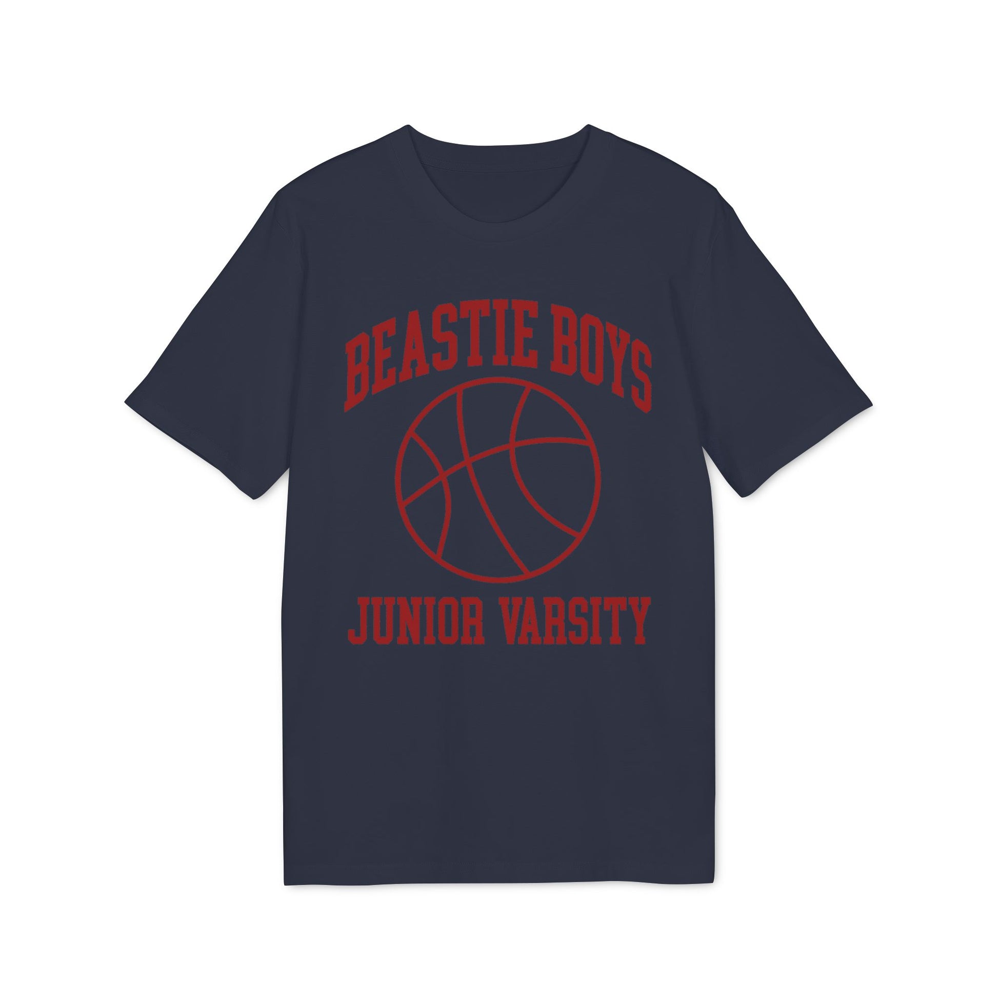 Navy t-shirt with red "Beastie Boys Junior Varsity" text and basketball graphic.