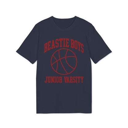 Navy t-shirt with red "Beastie Boys Junior Varsity" text and basketball graphic.