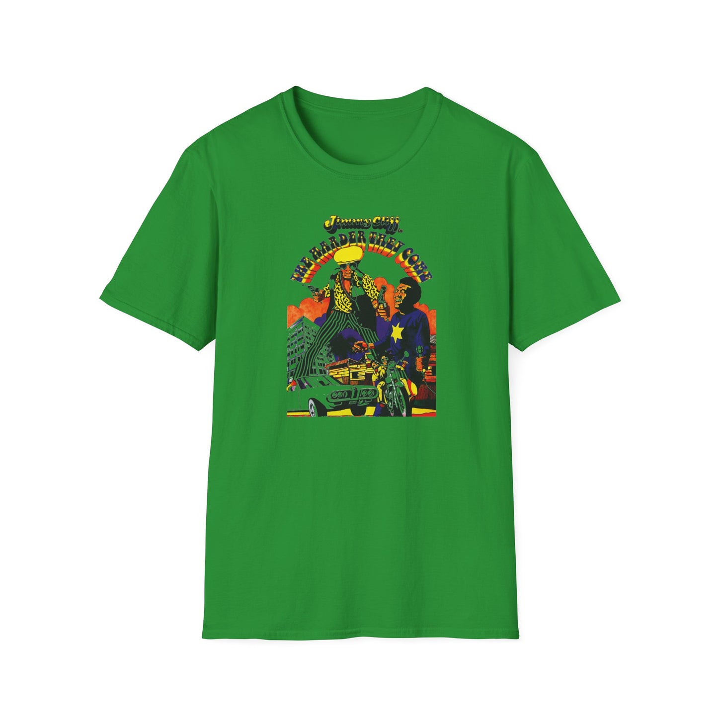 Jimmy Cliff "The Harder They Come" album art with figures on a green t-shirt.