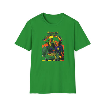 Jimmy Cliff "The Harder They Come" album art with figures on a green t-shirt.