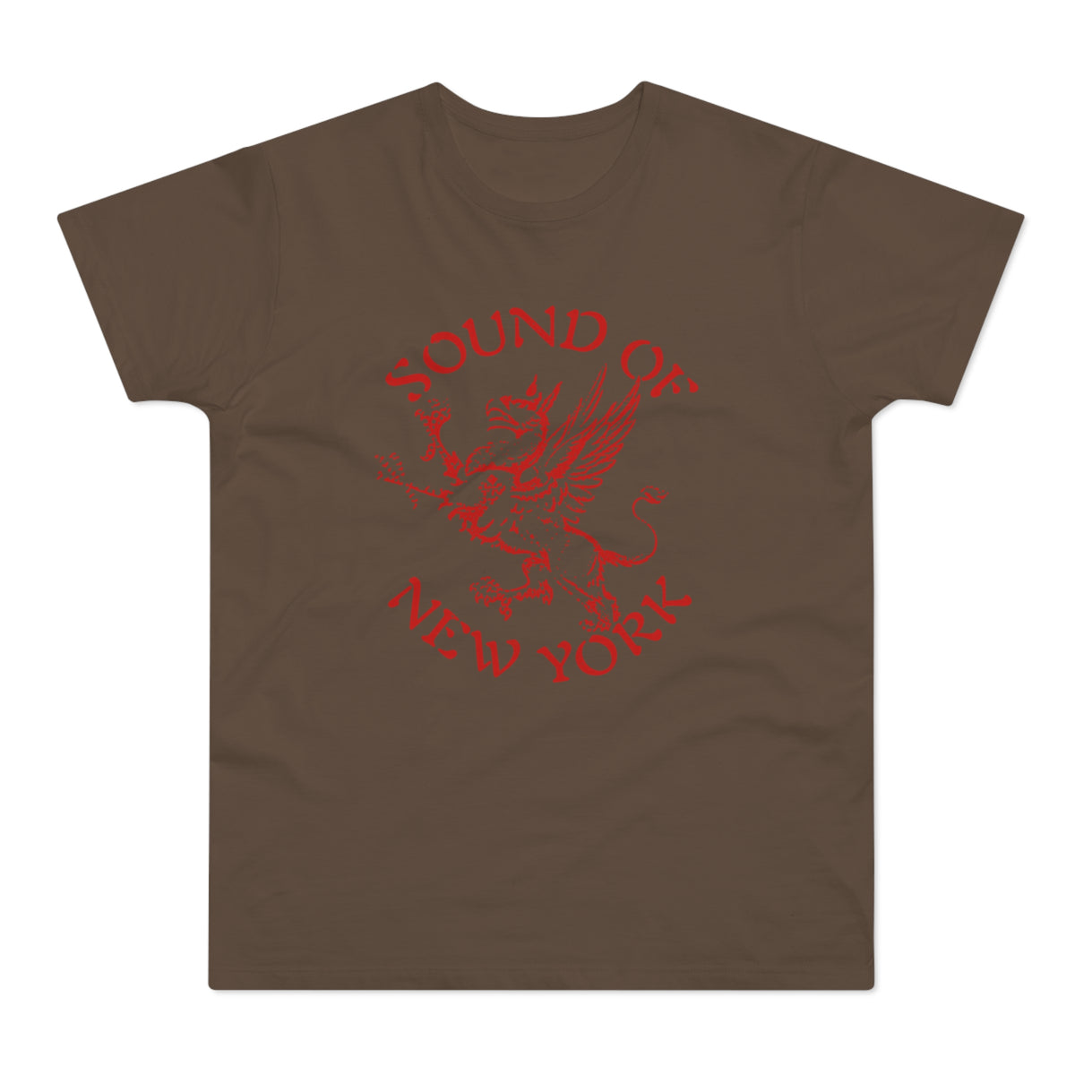 Brown t-shirt with red "SOUND OF NEW YORK" text and a winged lion graphic.