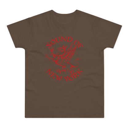 Brown t-shirt with red "SOUND OF NEW YORK" text and a winged lion graphic.