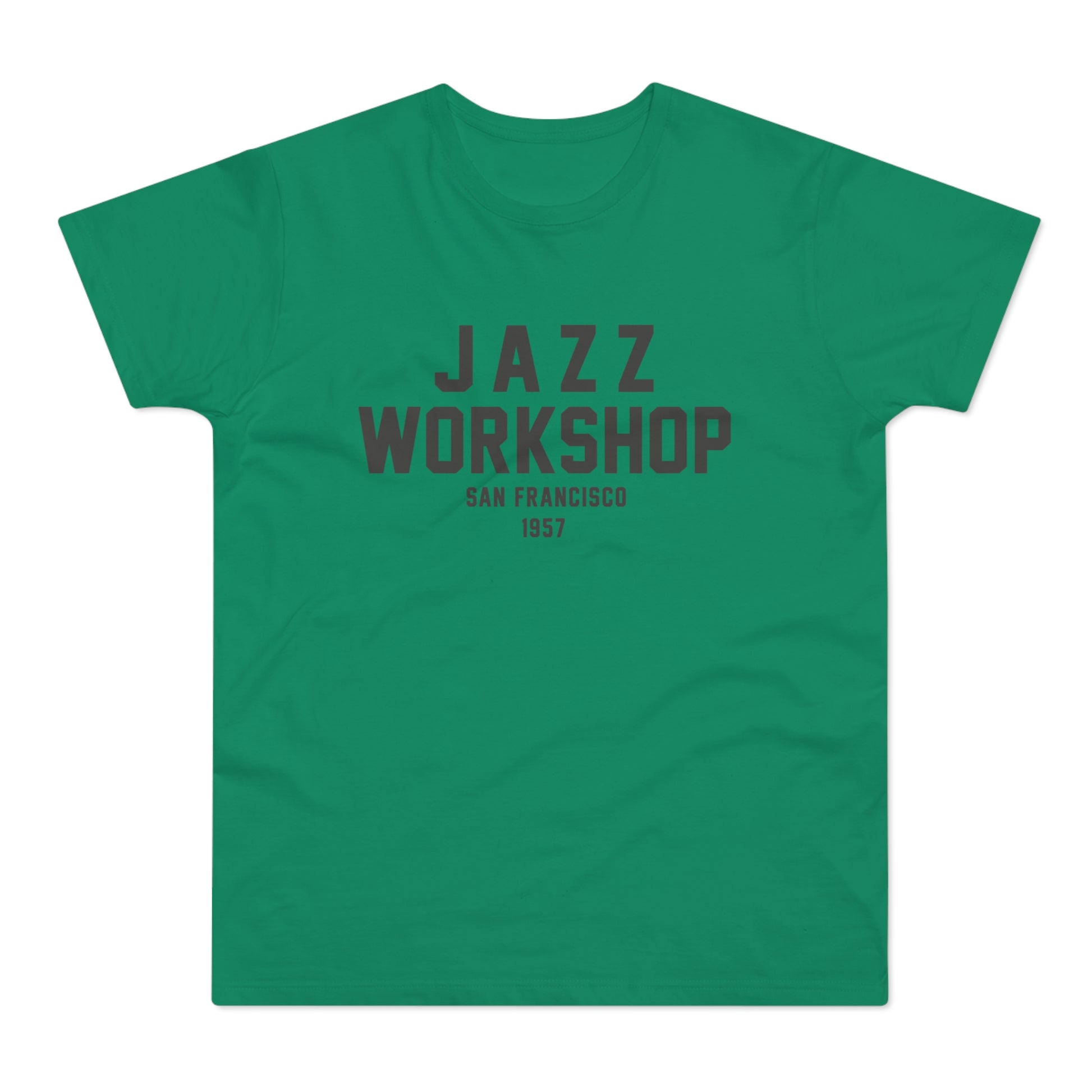 Green t-shirt with "JAZZ WORKSHOP" and "SAN FRANCISCO 1957" in maroon text.