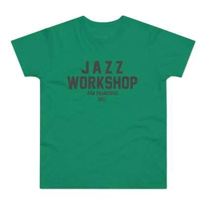 Green t-shirt with "JAZZ WORKSHOP" and "SAN FRANCISCO 1957" in maroon text.