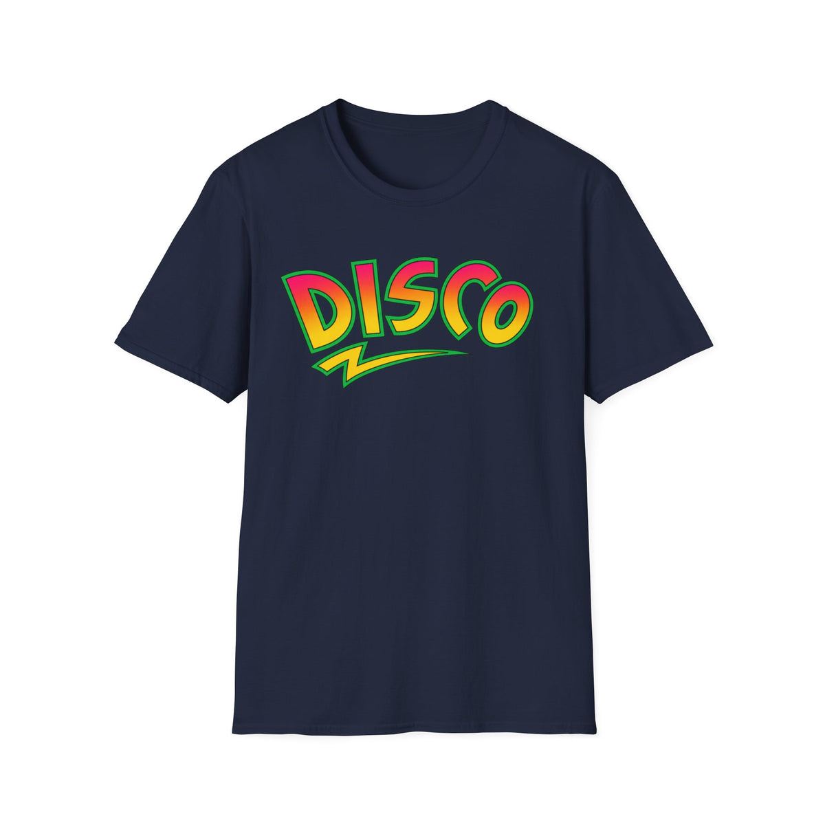 Navy t-shirt with "DISCO" in colorful gradient text.