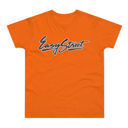 Orange t-shirt with "Easy Street" in a black and white script font.