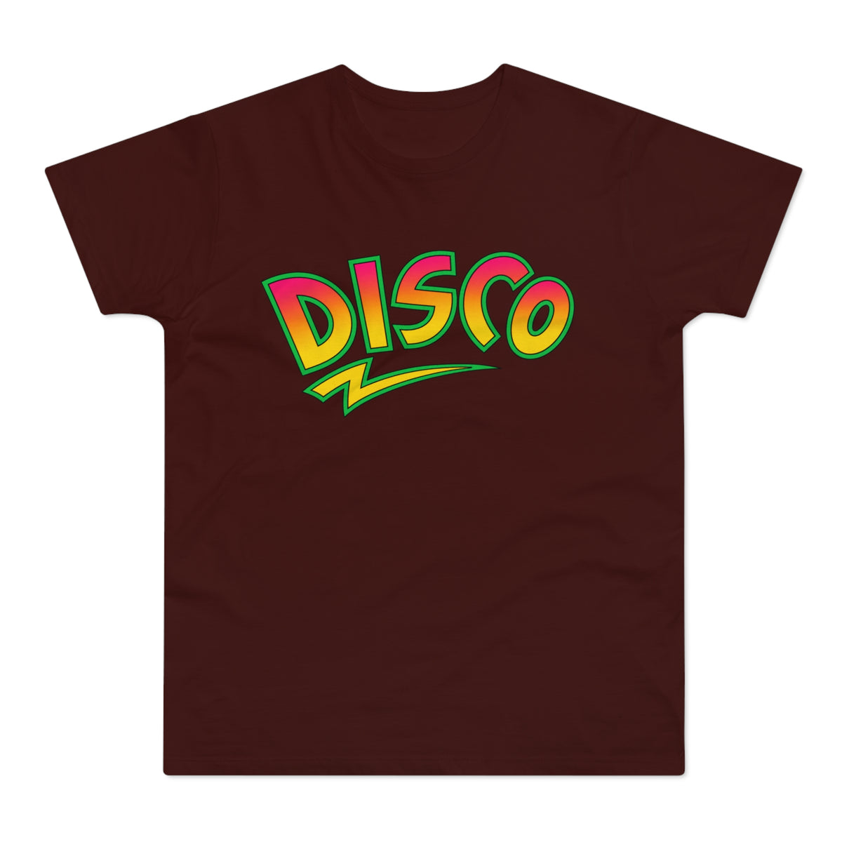 Maroon t-shirt with "DISCO" in a colorful retro font.
