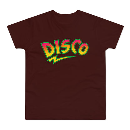 Maroon t-shirt with "DISCO" in a colorful retro font.