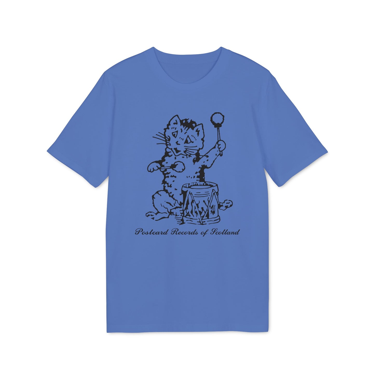 Blue t-shirt with a black drawing of a cat playing a drum with the text "Postcard Records of Scotland".