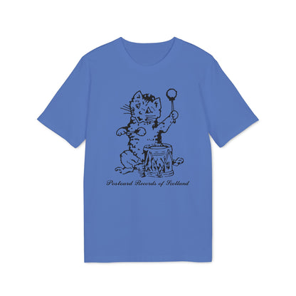 Blue t-shirt with a black drawing of a cat playing a drum with the text "Postcard Records of Scotland".
