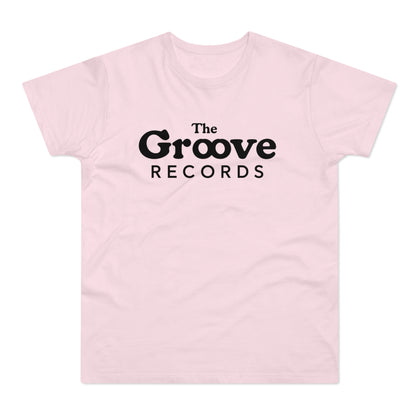 Pink t-shirt with black text "The Groove Records" logo.