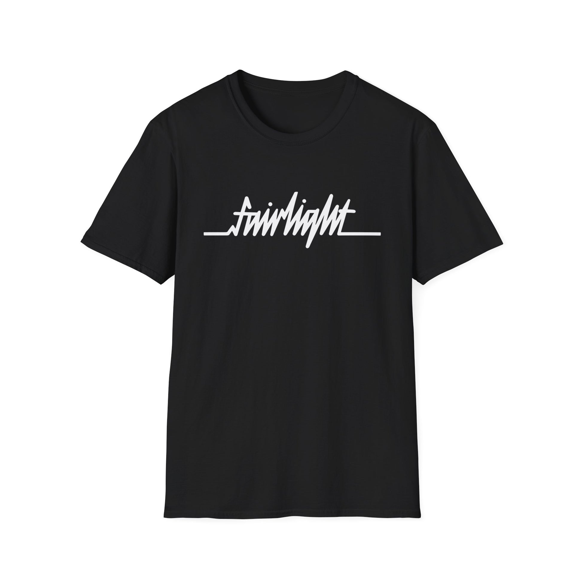 Black t-shirt with white "fairlight" text printed across the chest.
