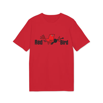 Red t-shirt with black "Red Bird" text and stylized bird graphic.