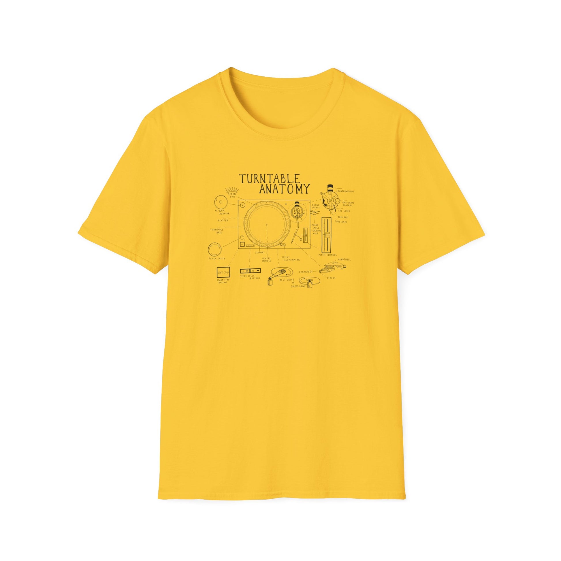 Yellow t-shirt with a line drawing and labels of turntable anatomy.