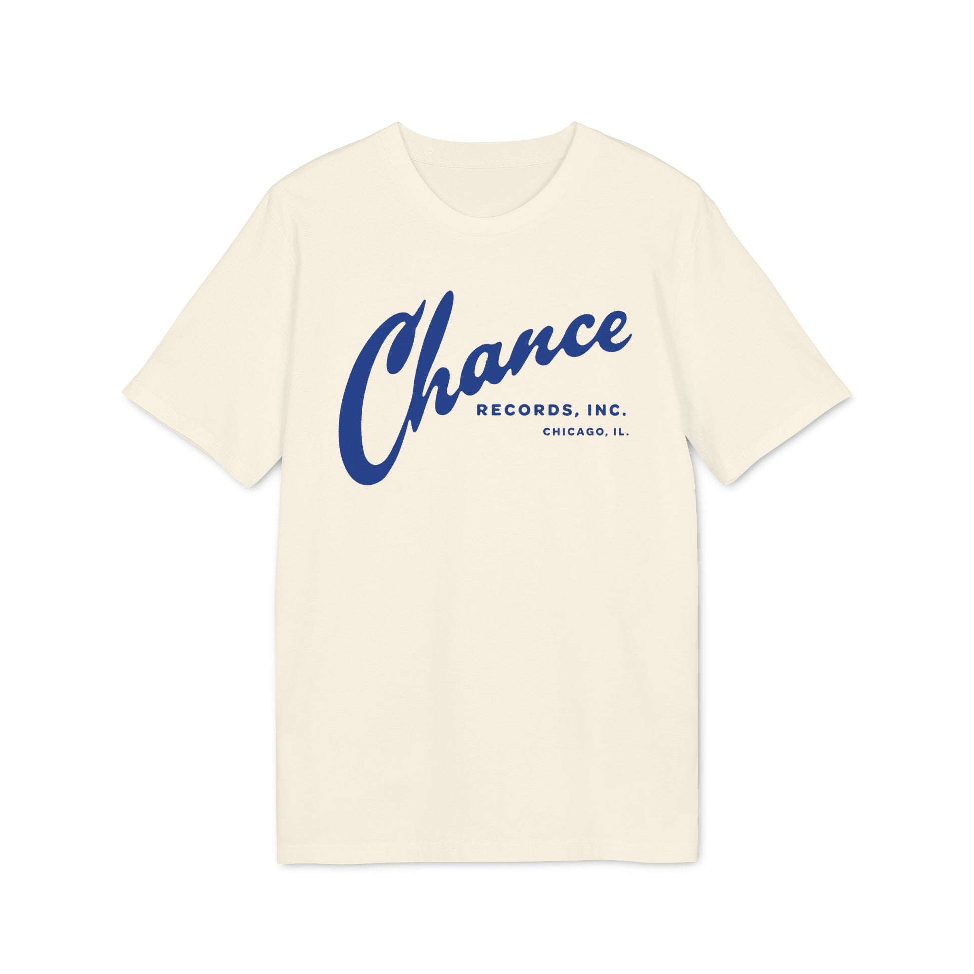 Cream t-shirt with blue "Chance Records, Inc." text and "Chicago, IL."