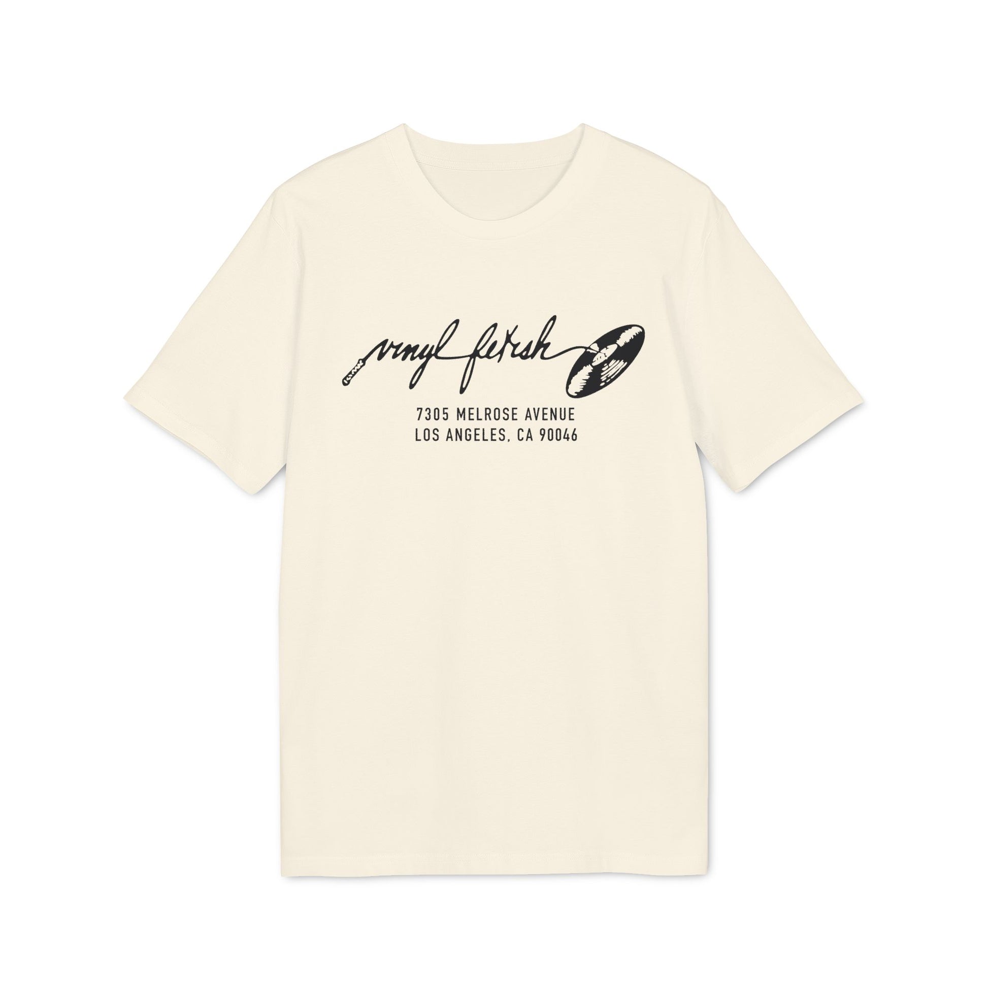 Cream t-shirt with "vinyl fetish" text and record graphic with address.