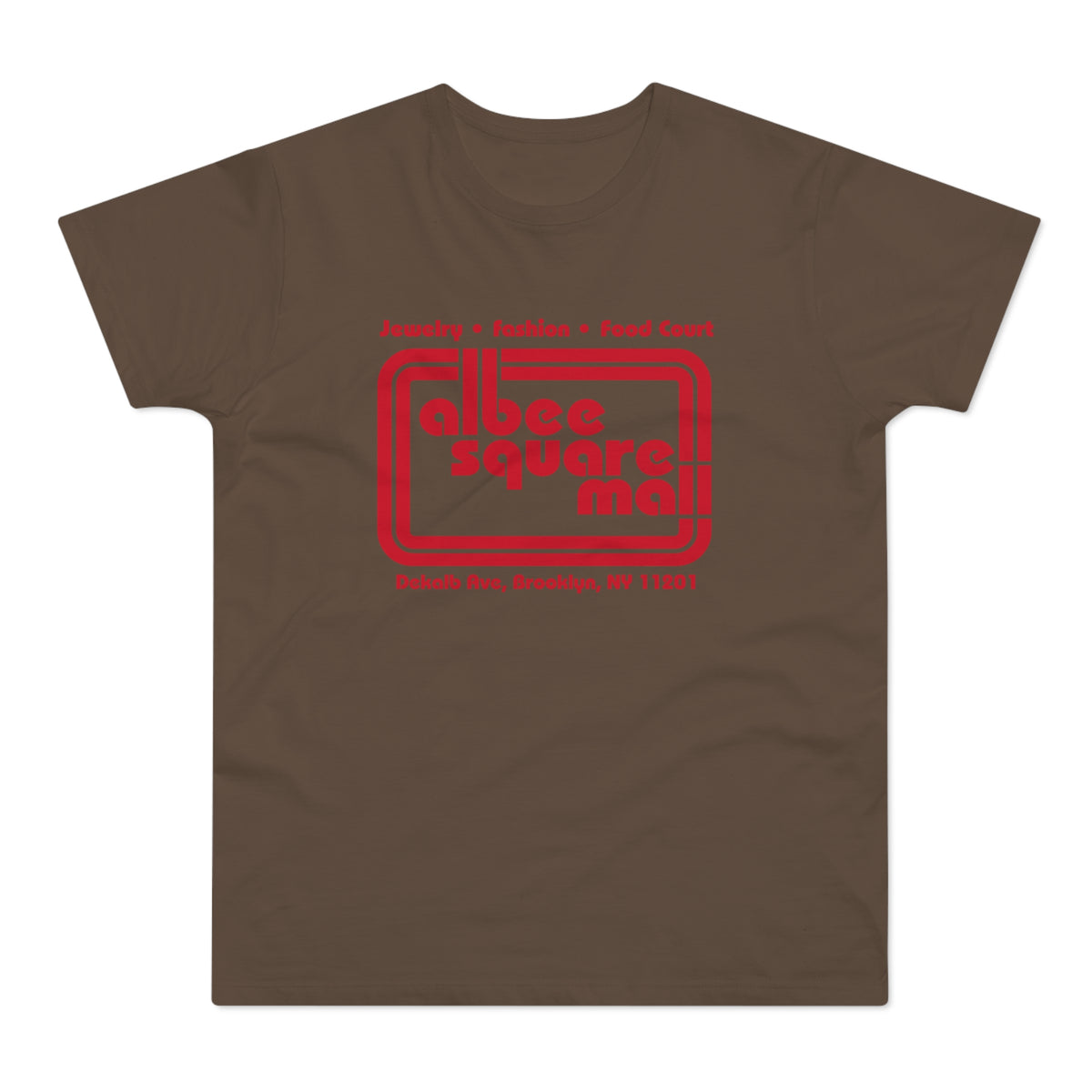 Brown t-shirt with red Albee Square Mall logo and DeKalb Ave, Brooklyn, NY address.