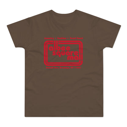 Brown t-shirt with red Albee Square Mall logo and DeKalb Ave, Brooklyn, NY address.