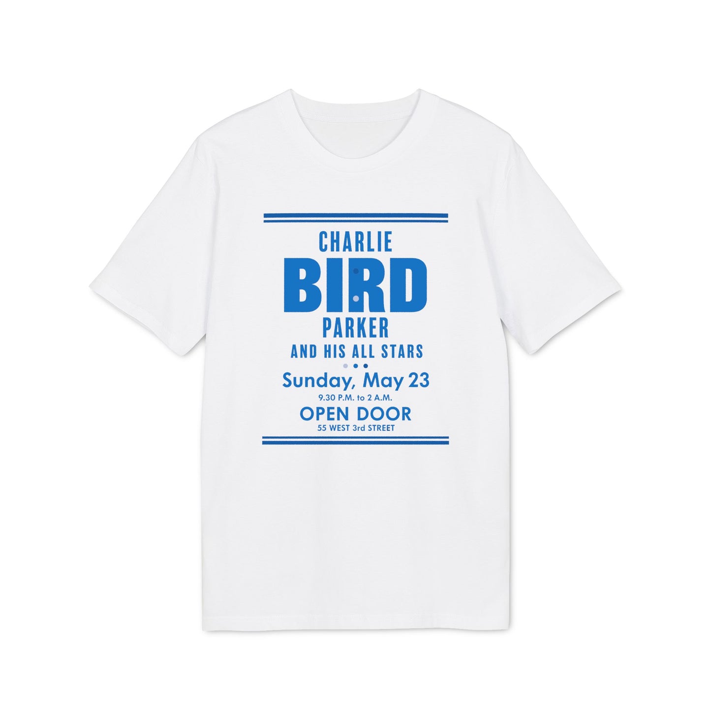 Charlie Parker and His All Stars concert t-shirt with date and location details.