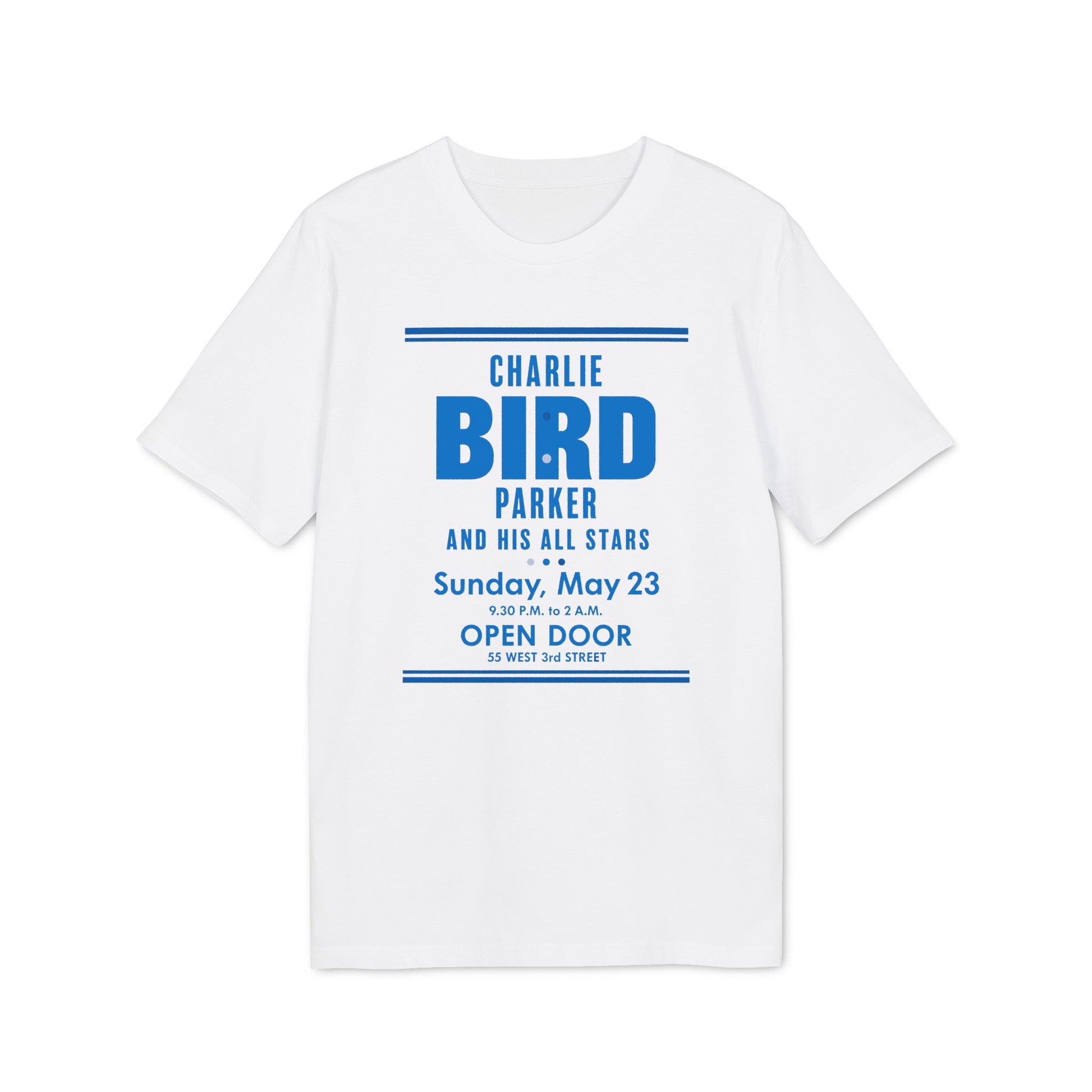 Charlie Parker and His All Stars concert t-shirt with date and location details.