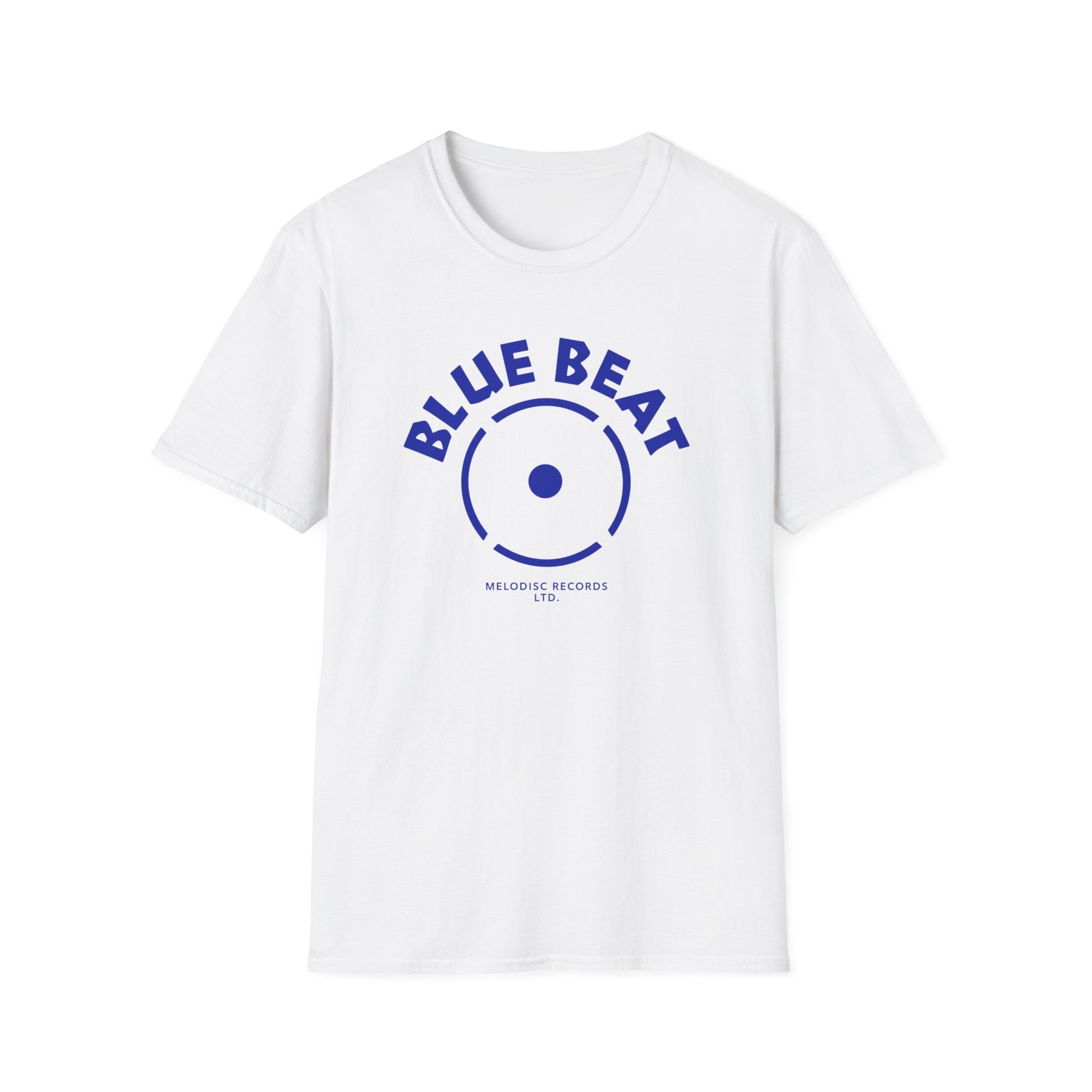 White t-shirt with "BLUE BEAT" and record logo, "MELODISC RECORDS LTD."