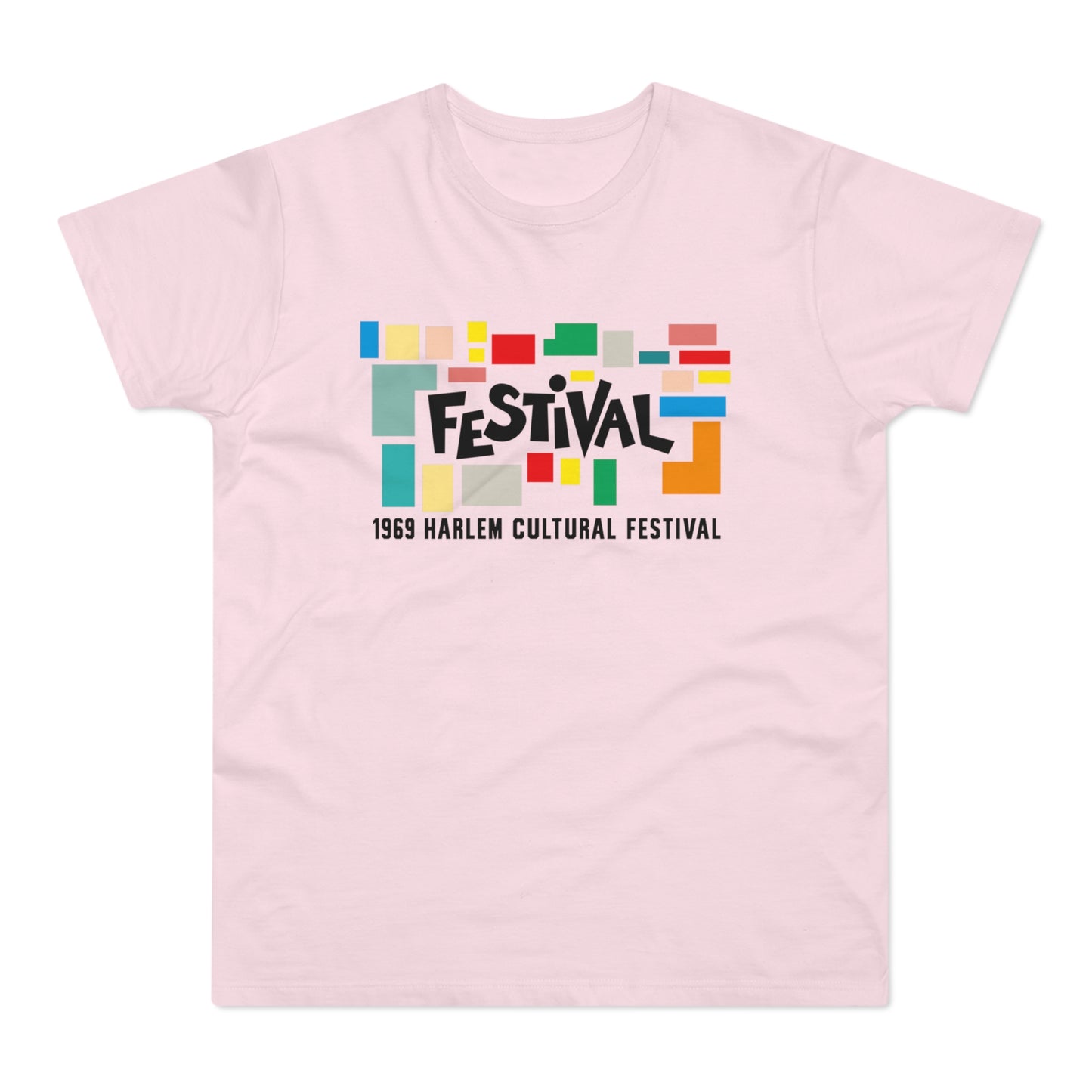 Light pink t-shirt with black text "FESTIVAL" on colorful blocks and "1969 HARLEM CULTURAL FESTIVAL".