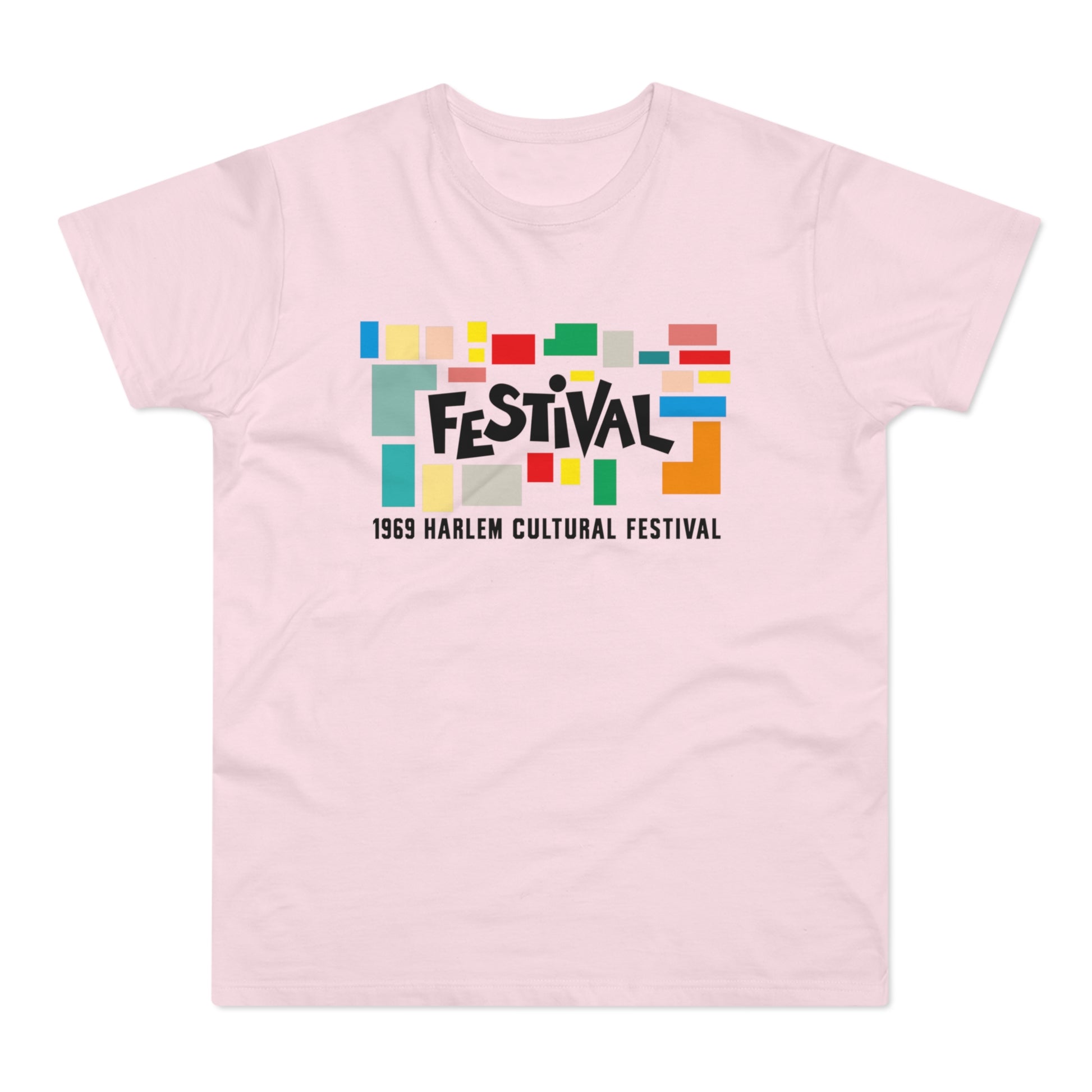 Light pink t-shirt with black text "FESTIVAL" on colorful blocks and "1969 HARLEM CULTURAL FESTIVAL".