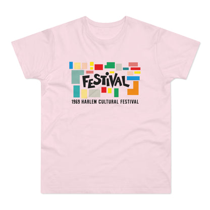 Light pink t-shirt with black text "FESTIVAL" on colorful blocks and "1969 HARLEM CULTURAL FESTIVAL".