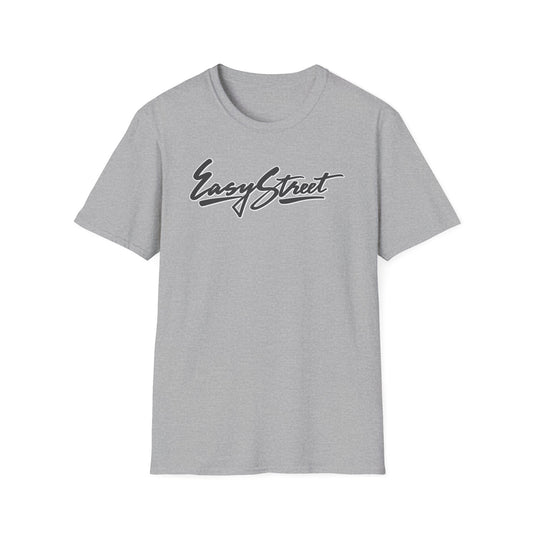Grey t-shirt with "Easy Street" text in a stylized font.