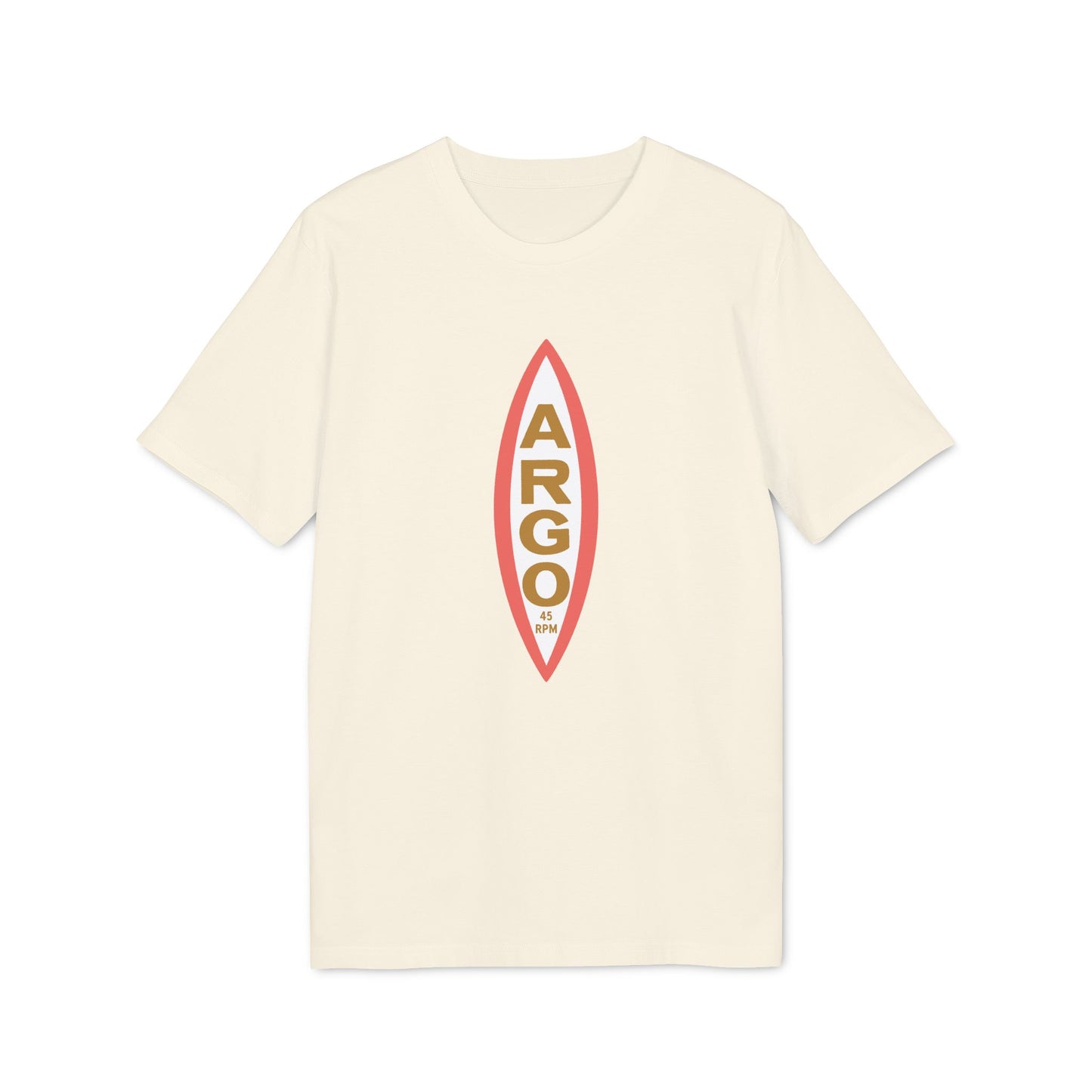 Cream t-shirt with vertical red and gold "ARGO 45 RPM" text graphic.