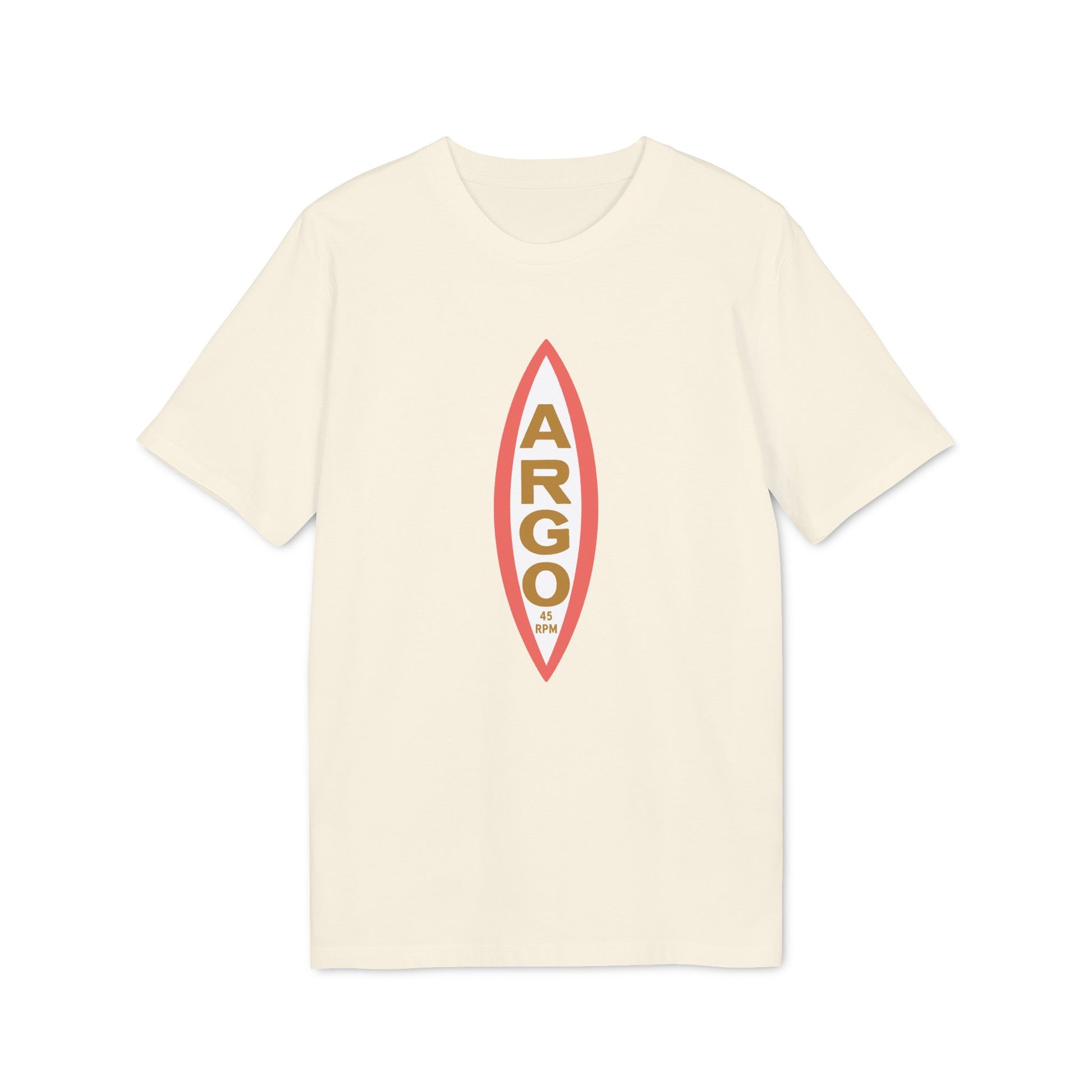 Cream t-shirt with vertical red and gold "ARGO 45 RPM" text graphic.
