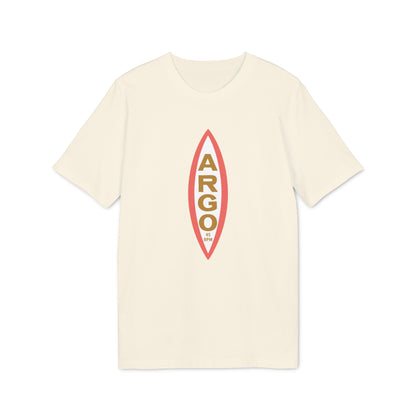 Cream t-shirt with vertical red and gold "ARGO 45 RPM" text graphic.