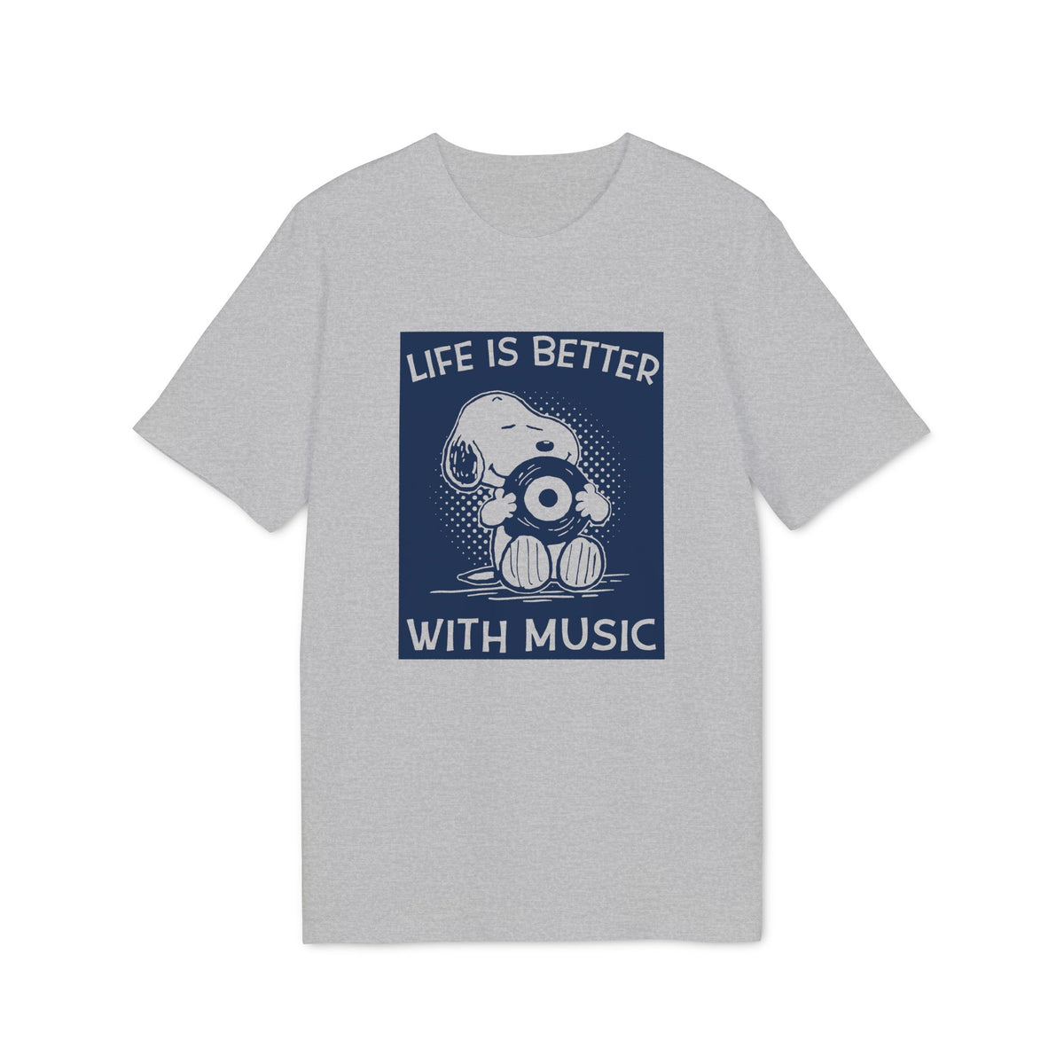 Heather grey short-sleeved t-shirt featuring a dark blue graphic of Snoopy holding a record with the text Life is Better with Music.