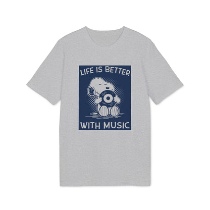 Heather grey short-sleeved t-shirt featuring a dark blue graphic of Snoopy holding a record with the text Life is Better with Music.