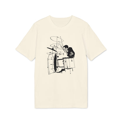 Cream t-shirt with abstract black graphic of a drummer with a drum set.