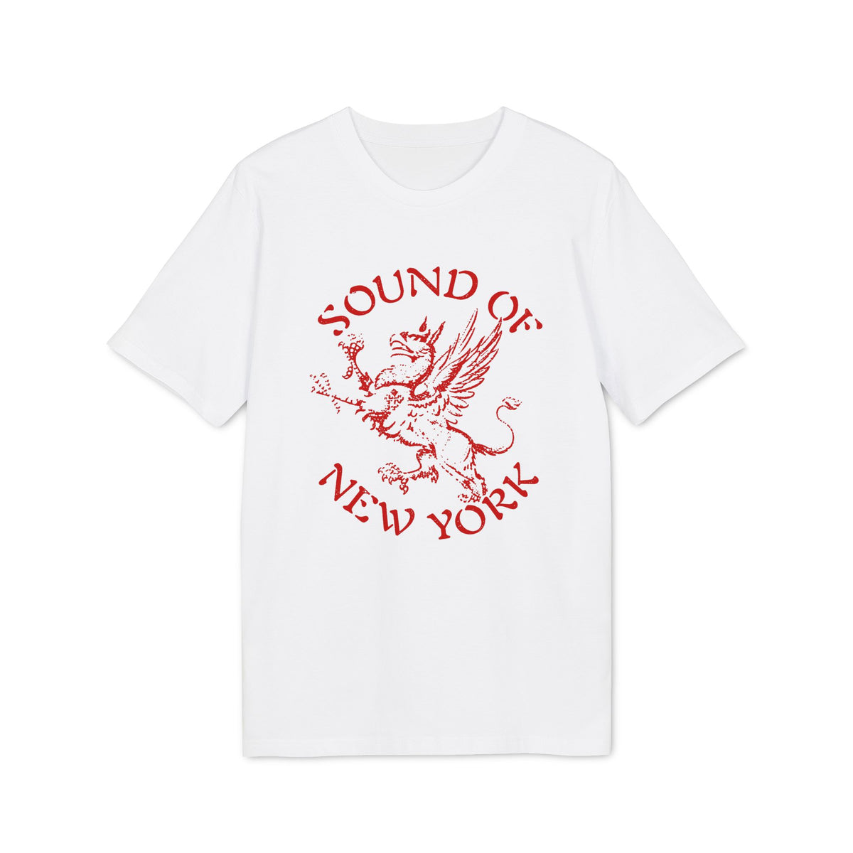 A white short-sleeved t-shirt features a red graphic of a griffin with the text Sound of New York.