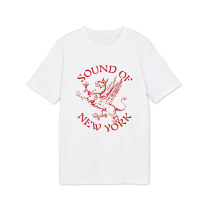 A white short-sleeved t-shirt features a red graphic of a griffin with the text Sound of New York.
