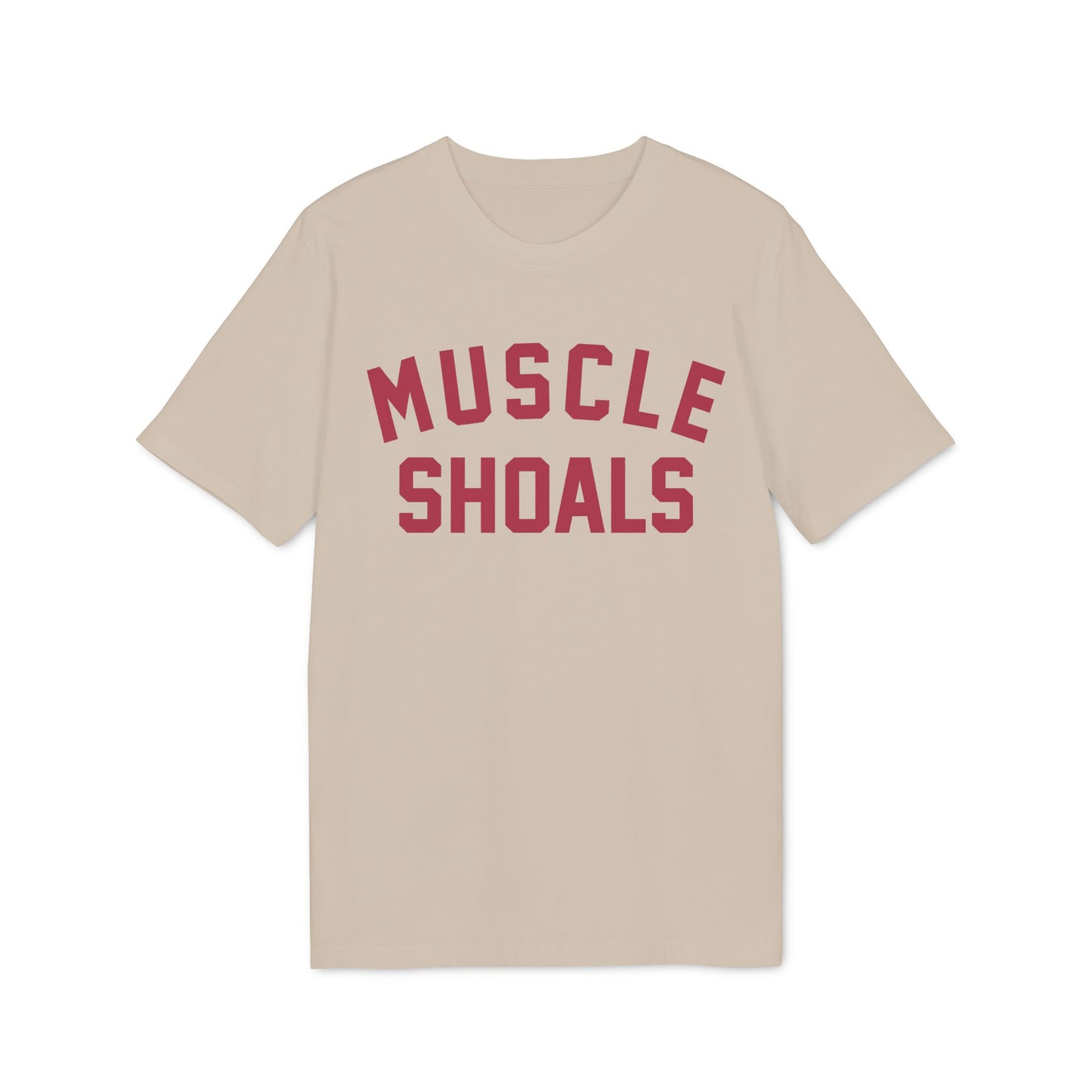 Tan t-shirt with red text reading "MUSCLE SHOALS"
