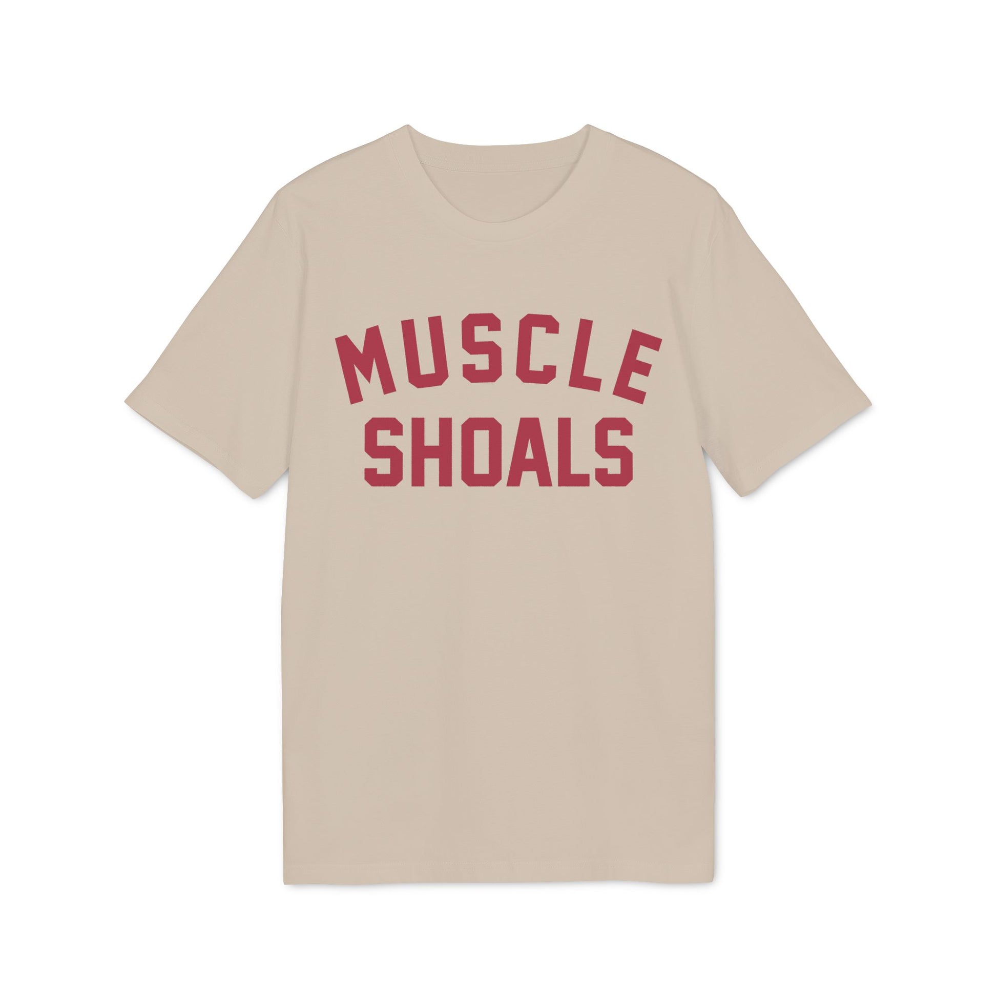 Tan t-shirt with red text reading "MUSCLE SHOALS"