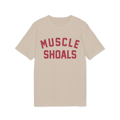 Tan t-shirt with red text reading "MUSCLE SHOALS"